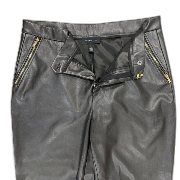 Halston Women's Black Faux Leather Pants with Gold Zipper Pockets Size Large - Picture 4 of 5